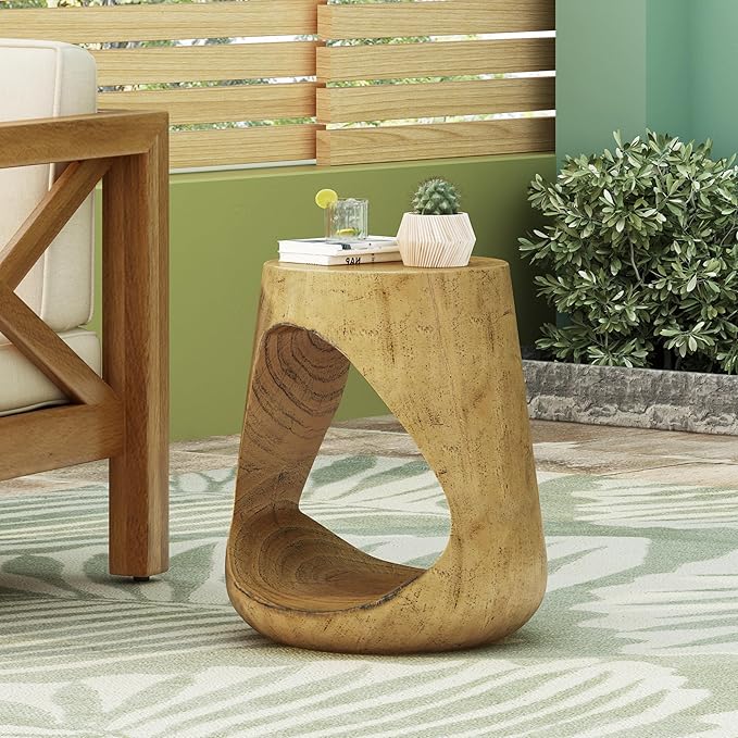 Outdoor Side Table Concrete End Table Faux Wood Small Coffee Tables, Garden Stool Plant Stand for Porch, Backyard Patio Natural Wood Texture