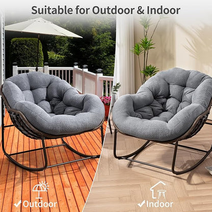 HOMEFUN Outdoor Patio Rocking Chairs, Oversized Papasan Rock Chair Indoor with Teddy Padded Cushion - Rocker Egg for Front Porch, Garden, Backyard Dark Gray