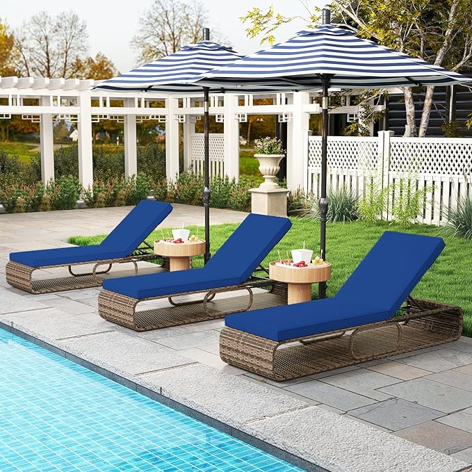 Tangkula Outdoor Chaise Lounge Chair Set of 2, 7-Position PE Wicker Patio Reclining Sun Lounger with Adjustable Backrest, Cushion and Storage, Pool Sunbathing Recliner for Poolside, Backyard (Navy)
