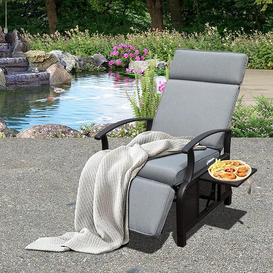 Domi Adjustable Patio Recliner Chair Metal Outdoor Lounge Chair with Flip Table Push Back, Adjustable Angle, Removable Cushions, Support 350lbs, Gray