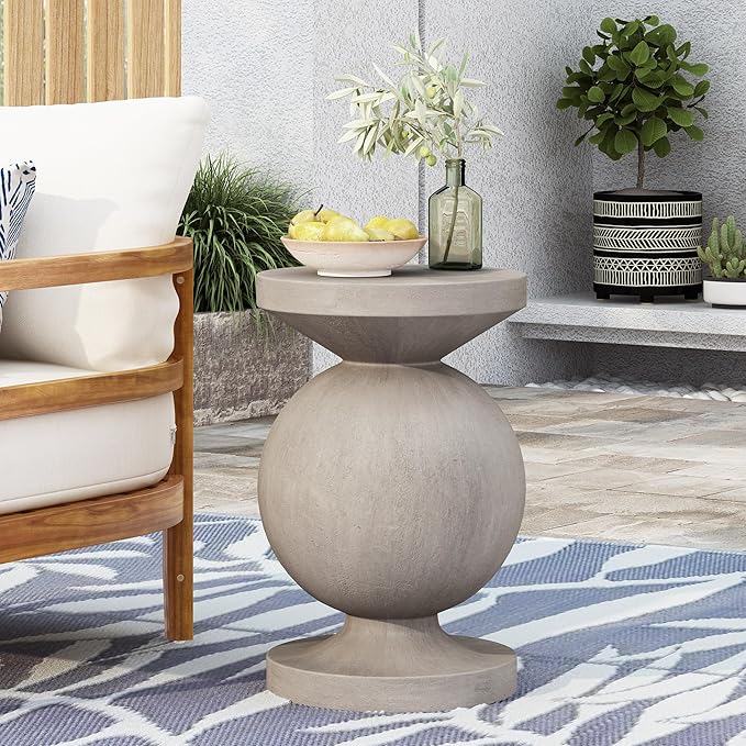 Outdoor Concrete Side Table Faux Stone End Table, Round Outdoor Accent Tables, Garden Stool Plant Stand for Porch, Backyard Patio Silver- Candy