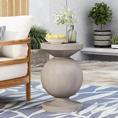 Outdoor Concrete Side Table Faux Stone End Table, Round Outdoor Accent Tables, Garden Stool Plant Stand for Porch, Backyard Patio Silver- Candy