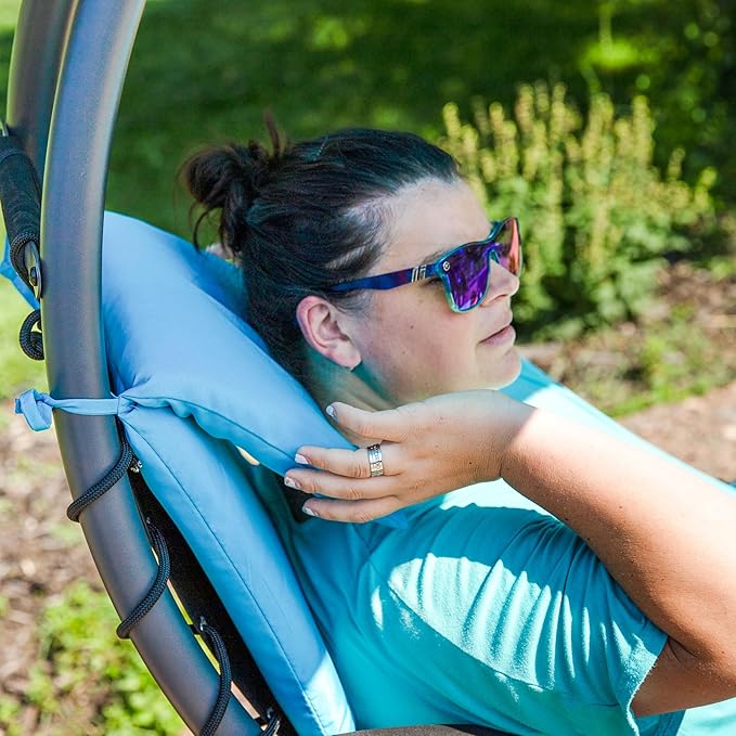 Sunnydaze Floating Chaise Lounger Swing Chair with Umbrella Canopy - Curved Steel Hammock Lounge Chair with Cushion and Pillow - Removable Cushion and Umbrella Shade - 82-Inch Tall - Teal