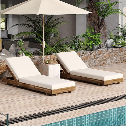 Merax 2-Piece Acacia Wood Chaise Lounge Set w/ 6-Position Adjustable Backrest & Cushion - Outdoor Patio Poolside Furniture, Beige