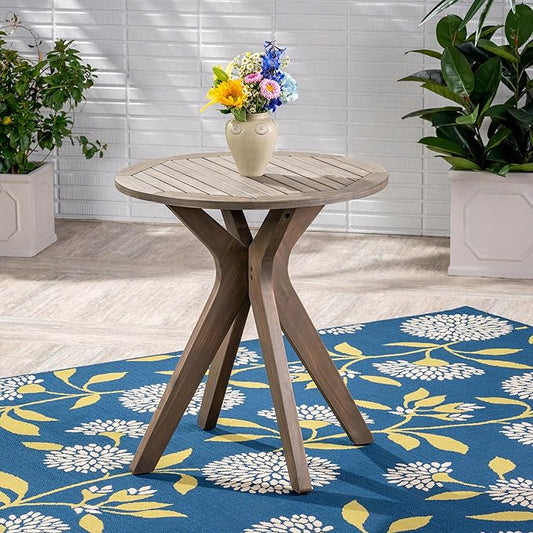 Merax Outdoor Coffee Table 27.5" Round Acacia Wood Patio Side Table, X-Shaped Base Support, Slat Tabletop Design, Grey