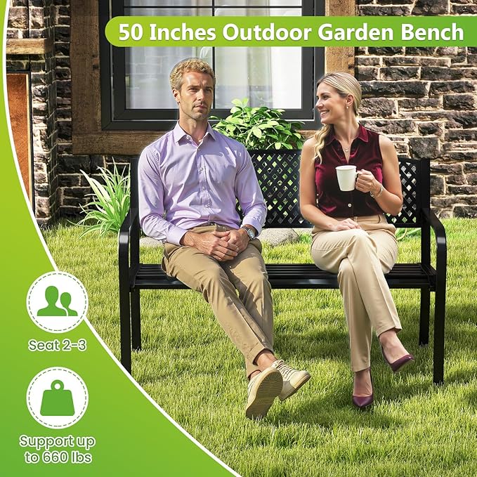 Tangkula Metal Outdoor Park Bench, 50 Inches Garden Bench with Patterned Backrest and Curved Armrests, 2-3-Person Patio Bench, Outside Heavy-Duty Metal Loveseat Chair for Porch, Lawn, Yard & Park
