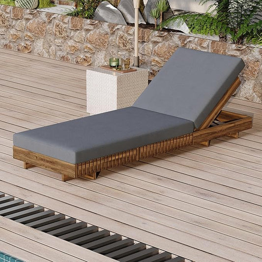 Christopher Knight Home Habery Acacia Wood Chaise Lounge with Cushion, Outdoor Sun Lounger with 6-Position Adjustable Backrest, 76.8'' Patio Recliner Chair for Poolside Backyard, Teak+Dark Gray