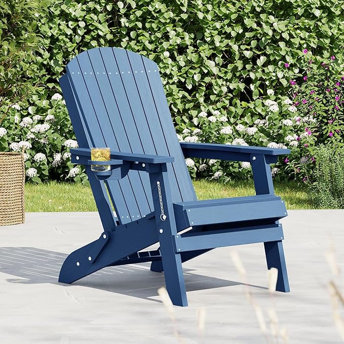 HDPE Foldable Adirondack Outdoor Chair with Cup Holder, Weather Resistant Heavy-Duty Patio Chair for Patio, Backyard, Deck, Fire Pit, Lawn and Porch, Light Blue