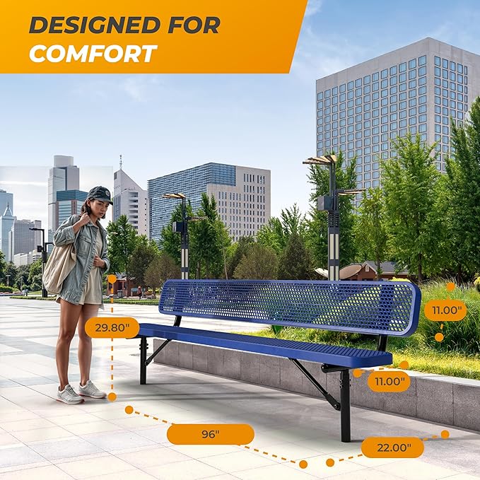 Heavy-Duty Outdoor Metal Bench, Thermoplastic-Coated, Inground, Weatherproof, Commercial-Grade for Parks, Gardens - Photo 2