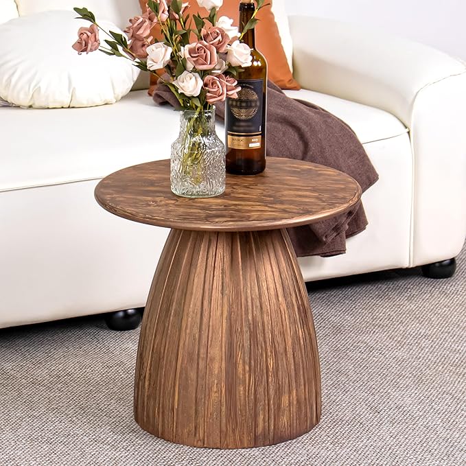 Round Small Patio Side Table Set of 2, Patio Furniture Accent End Table, Metal Steel Outdoor Side Table, for Garden, Pool, Yard, Balcony, Living Room, Deck, Weather Resistant, No Assembly, Wood Color