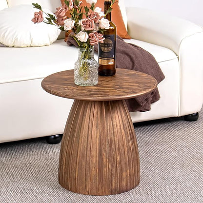 Round Small Patio Side Table Set of 2, Patio Furniture Accent End Table, Metal Steel Outdoor Side Table, for Garden, Pool, Yard, Balcony, Living Room, Deck, Weather Resistant, No Assembly, Wood Color