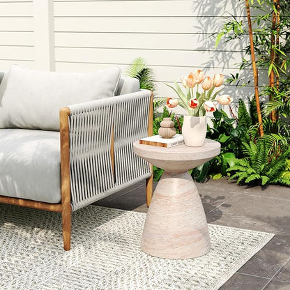 Outdoor Side Table Concrete End Table Faux Stone Small Coffee Tables for Indoor Outdoor, Garden Stool Plant Stand for Porch, Backyard Patio Travertine Finish