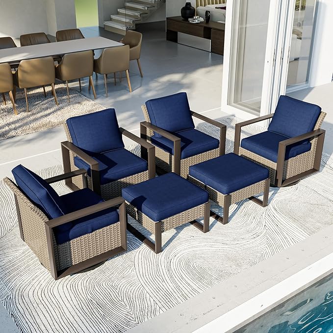 Outdoor Patio Furniture Set, 6 Piece Wicker Patio Conversation with Deep Seating, Thicken Cushions, Outdoor Swivel Rocker Patio Chairs, Metal Outdoor Furniture for Deck, Porch, Yard Use