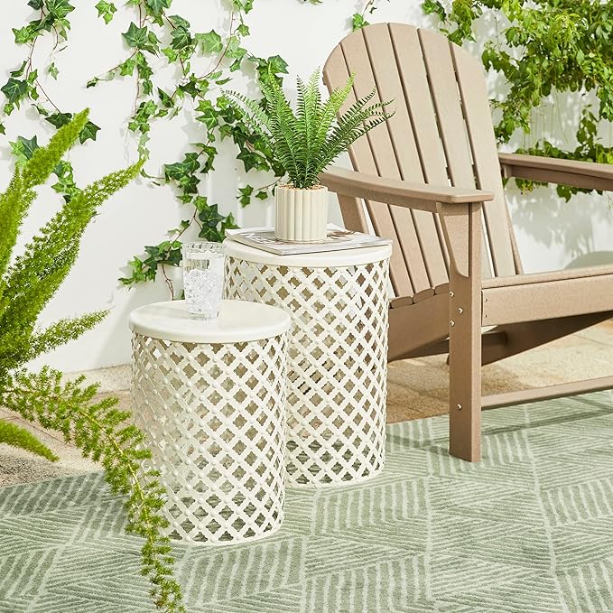 Glitzhome Outdoor Side Table Set of 2, Decorative Garden Stool for Indoor Outdoor Heavy Duty Metal Frame Accent Table Modern End Table, Glossy White