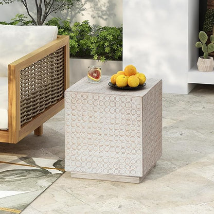 Christopher Knight Home Jeanie Outdoor Side Table Lightweight Concrete, Patio End Table Cube, MGO Fluted Coffee Table for Outside, Garden, Backyard, Poolside Accent Table, White Wash