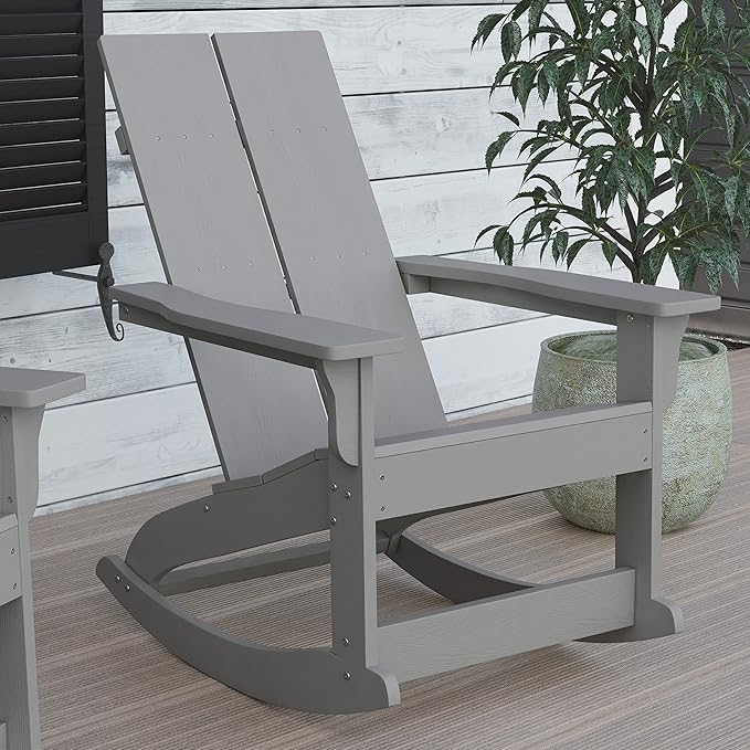 Flash Furniture Finn Modern Commercial Poly Resin Wood Adirondack Rocking Chair - All Weather Gray Polystyrene - Dual Slat Back - Stainless Steel Hardware - Set of 2