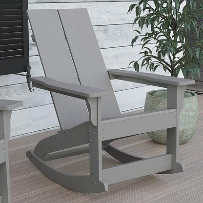 Flash Furniture Finn Modern Commercial Poly Resin Wood Adirondack Rocking Chair - All Weather Gray Polystyrene - Dual Slat Back - Stainless Steel Hardware - Set of 2