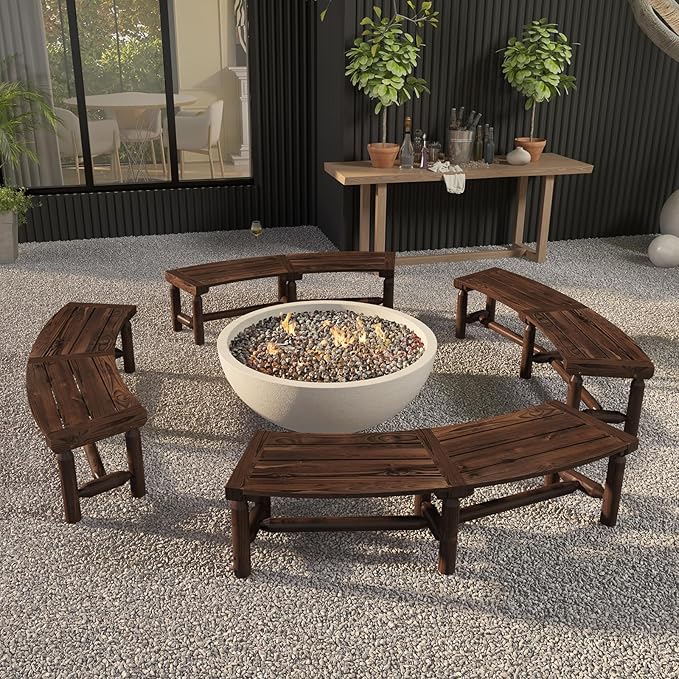 Giantex Wooden Outdoor Bench for 2-Person - Fire Pit Chair Bench with Fir Wood Top, Pine Wood Legs, 710Lbs Weight Capacity, Backless Curved Garden Bench for Patio, Porch, Park, Lawn (2, Rustic Brown)