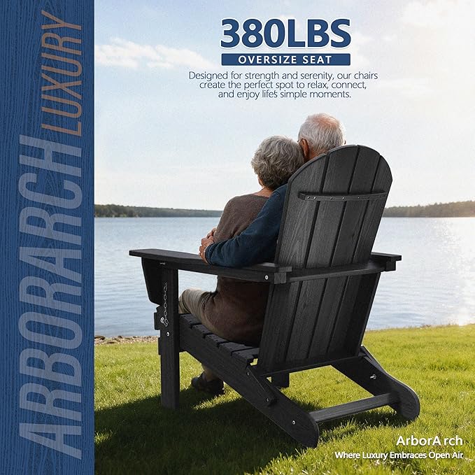 Outdoor Folding Adirondack Chair Set of 1 for Patio Fire Pit, Wooden Textured HDPE Adjustable Chairs with Cup Holder, Waterproof All Weather Resistant Plastic for Pool Lawn Garden Backyard(Black)