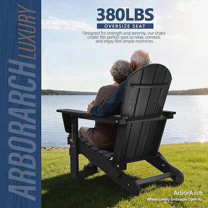 Outdoor Folding Adirondack Chair Set of 1 for Patio Fire Pit, Wooden Textured HDPE Adjustable Chairs with Cup Holder, Waterproof All Weather Resistant Plastic for Pool Lawn Garden Backyard(Black)