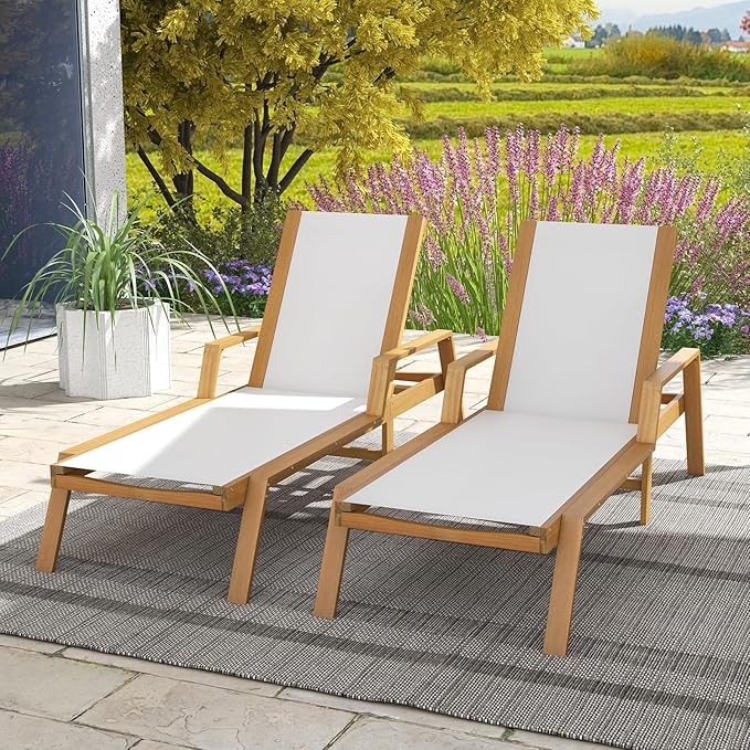HAPPYGRILL Outdoor Wood Chaise Lounge Set of 2, Patio Tanning Chaise with Adjustable 5-Position Backrest - Photo 4