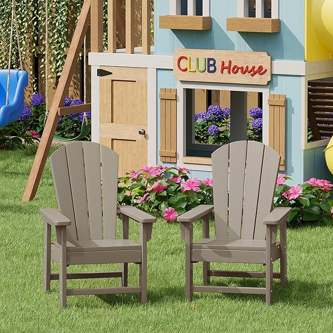 WestinTrends Malibu Kids Outdoor Adirondack Plastic Patio Chair (Set of 2), Weathered Wood