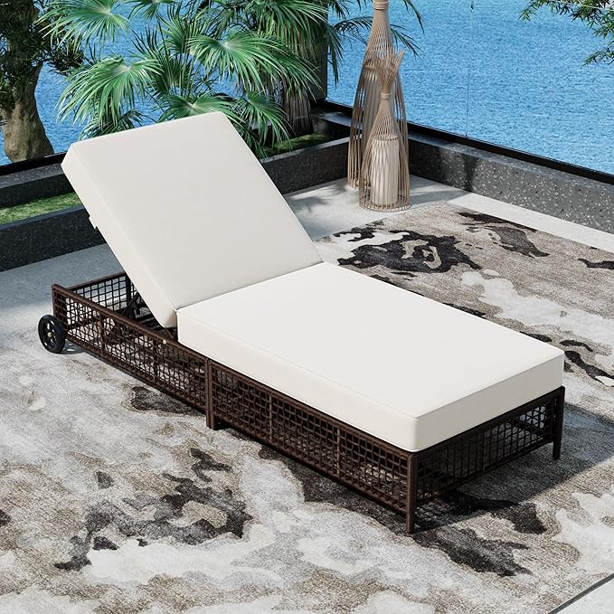 Sleek Outdoor Patio Chaise Lounge with 5-Position Adjustable Backrest, All-weather Rattan Lounge Chair Reclining with Cushion and Wheels for Porch Backyard Balcony Poolside Garden (Brown+Beige1)