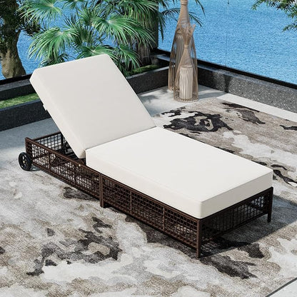 Sleek Outdoor Patio Chaise Lounge with 5-Position Adjustable Backrest, All-weather Rattan Lounge Chair Reclining with Cushion and Wheels for Porch Backyard Balcony Poolside Garden (Brown+Beige1)