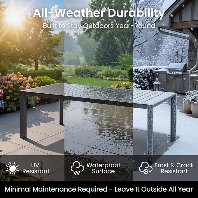 Crestlive Products Outdoor Dining Table for 6, 71in Aluminum Patio Dining Table with Umbrella Hole Weather-Resistant Rectangle Outside Table for Garden Backyard Indoor, Black