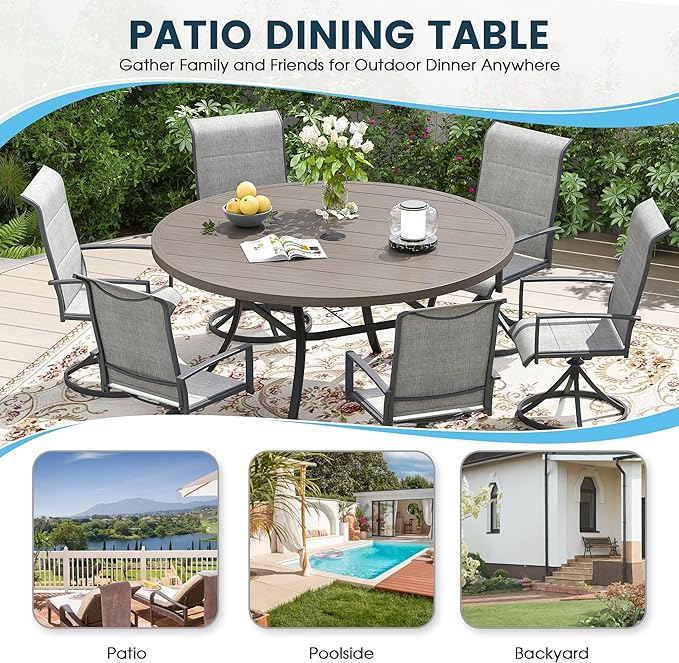 Patio Dining Table for 6-8, Round Metal Outdoor Table with 1.57" Umbrella Hole, 53" Outdoor Slat Tabletop Dining Table for Backyard, Porch, Lawn, Grey