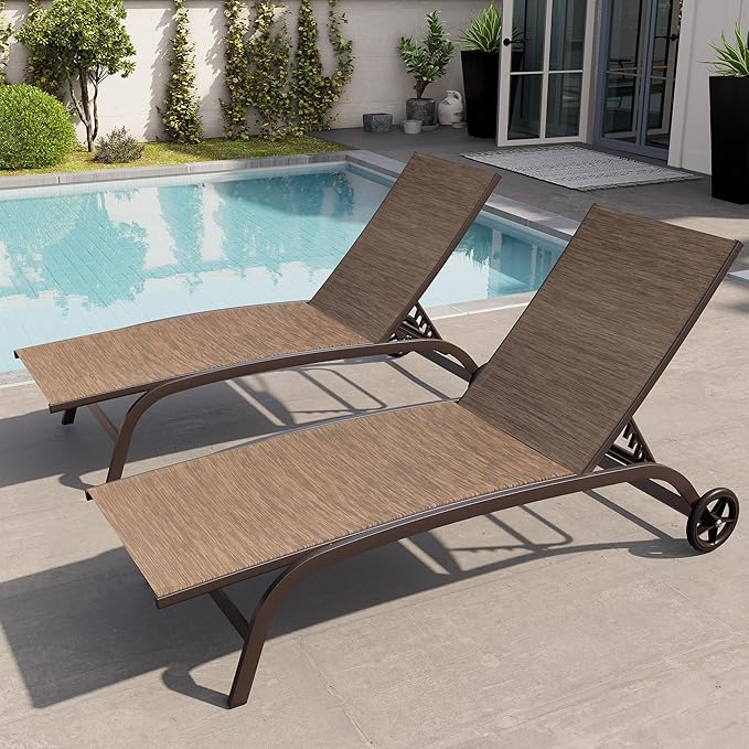 Crestlive Products Outdoor Chaise Lounge Chairs with Wheels Set of 2, Pool Lounge Chairs with 5 Adjustable Position for Patio, Poolside, Yard, Brown