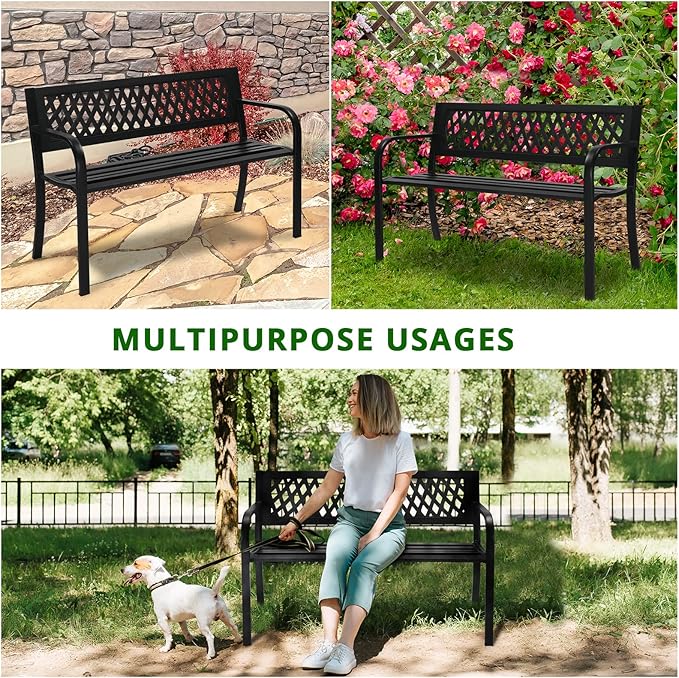 47in Outdoor Metal Porch Benches,Weatherproof Patio Park Bench,Outside Leisure Bench,Outdoor Garden Park Bench,with Mesh Back and Armrests,for Lawn, Deck, Path, Backyard, Entryway (Black)