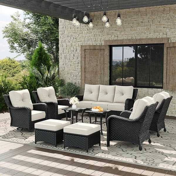 9 Piece Patio Furniture Set, All-Weather Wicker Outdoor Conversation Set with Swivel Rocking Chair and 6 Inch Thick - Photo 1