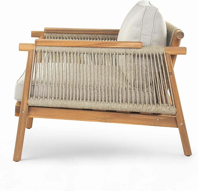 Christopher Knight Home Hadley Patio Club Chairs with Water-Resistant Cushion, Acacia Wood Lounge Chair Outdoor, Wooden Outdoor Accent Chair, Armrest Sofa Set for Garden Porch Backyard, Teak+Beige