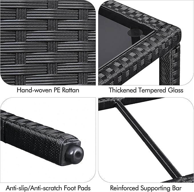 Yaheetech Outdoor Wicker Coffee Side Table, All-Weather Rattan Patio Storage Furniture with Tempered Glass Top for Garden, Black