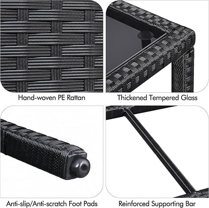 Yaheetech Outdoor Wicker Coffee Side Table, All-Weather Rattan Patio Storage Furniture with Tempered Glass Top for Garden, Black
