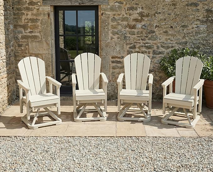 HDPE Swivel Glider Chair Outdoor, Weather Resistant Adirondack Outside Rocking Chair, Wooden Textured Outdoor Swivel Chair Set of 4 for Porch, Balcony, Poolside, Backyard (White)