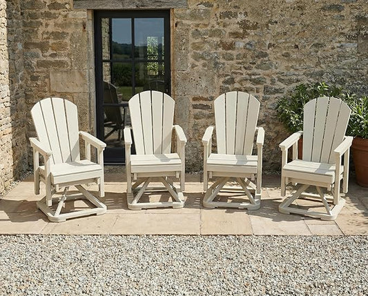 HDPE Swivel Glider Chair Outdoor, Weather Resistant Adirondack Outside Rocking Chair, Wooden Textured Outdoor Swivel Chair Set of 4 for Porch, Balcony, Poolside, Backyard (White)