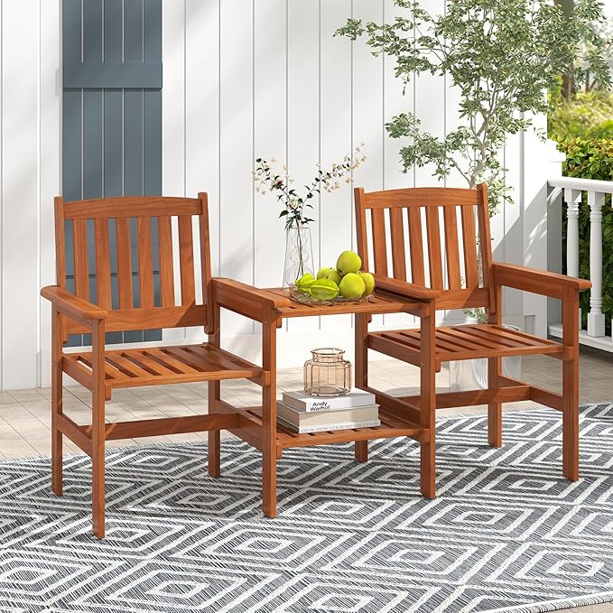 RELAX4LIFE Outdoor Loveseat with Built-in Table - Wood Patio Chairs w/Center Table & Umbrella Hole, 2-Person Garden Bench for Porch Deck Pool Balcony Backyard, 2-Seater Wooden Patio Furniture Set