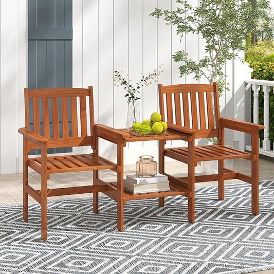 RELAX4LIFE Outdoor Loveseat with Built-in Table - Wood Patio Chairs w/Center Table & Umbrella Hole, 2-Person Garden Bench for Porch Deck Pool Balcony Backyard, 2-Seater Wooden Patio Furniture Set