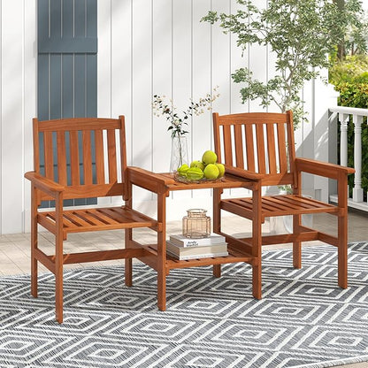 Tangkual Outdoor Wood Bench Loveseat with Built-in Table with1.57 Umbrella Hole, 2-Seater Outdoor Patio Furniture Set for Porch, Deck, Garden and Backyard