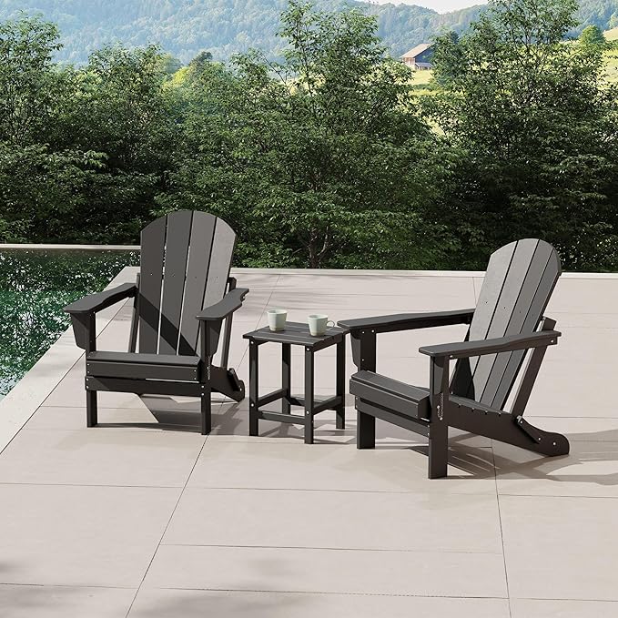 WestinTrends Malibu 3-Pieces Adirondack Chairs Set with Side Table, All Weather Outdoor Seating Plastic Patio Lawn Chair Folding for Outside Porch Deck Backyard, Gray