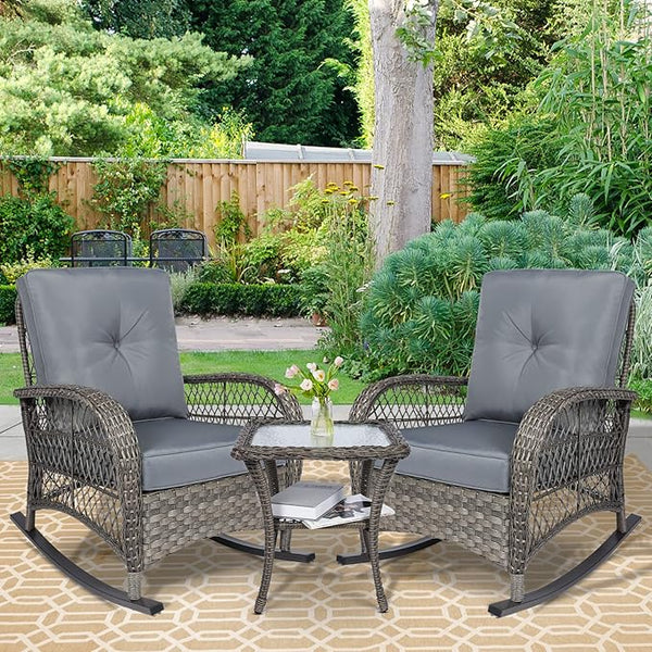 3 Pieces Outdoor Patio Bistro Rocking Chair Set, Rattan Patio Rocker Chairs Set with Cushions and Glass-Top Coffee Table - Photo 1