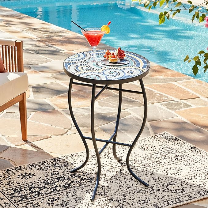 Side Table Outdoor, Mosaic Patio Table Plant Stand, 22" H Iron Coffee End Table,Weather Resistant Tile Top Metal Drink Bar Table for Indoor Garden Balcony Yard Bistro Balcony