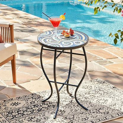 Side Table Outdoor, Mosaic Patio Table Plant Stand, 22" H Iron Coffee End Table,Weather Resistant Tile Top Metal Drink Bar Table for Indoor Garden Balcony Yard Bistro Balcony