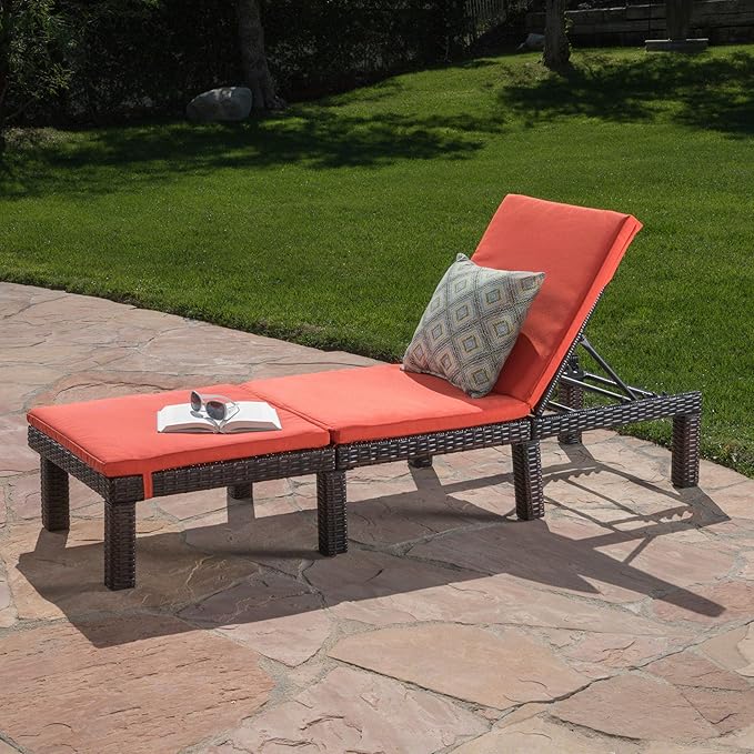 Christopher Knight Home Jamaica Outdoor Wicker Chaise Lounge with Water Resistant Cushion, Multibrown / Orange - Photo 2