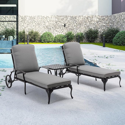 HOMEFUN Outdoor Chaise Lounge Chair with Cushion - Poolside Set of 1 Chair for Outside Cast Aluminum Waterproof Lounger with Wheels and Adjustable Reclining (Gray Cushion)
