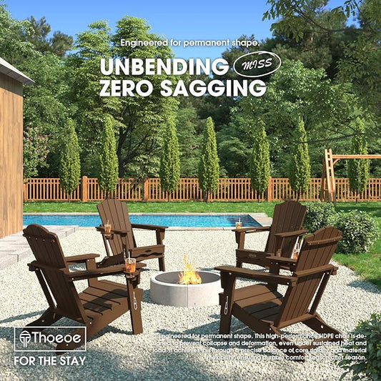 Folding Adirondack Chair,HDPE All-Weather Outdoor Chair with Cup Holder,Wooden Textured,Fire Pit Chair,Plastic Patio Chair for Deck,Backyard,Garden,Lawn(Brown)