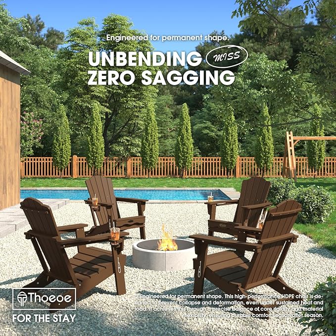 Folding Adirondack Chair Set of 8, HDPE All-Weather Outdoor Chair with Cup Holder, Wooden Textured, Fire Pit Chair - Photo 2