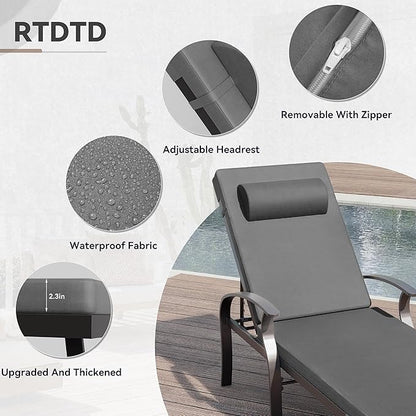 3 Pieces Patio Chaise Lounge Set Aluminum Outdoor Lounge Chair Adjustable Backrest Patio Chaise Lounge Chair Armrest Lounge Chair Set with Side Table for Backyard Porch Beach Lawn Black